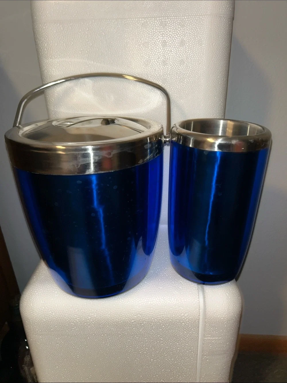 Casamoda Blue Stainless Steel Ice Bucket and double walled wine chiller set
